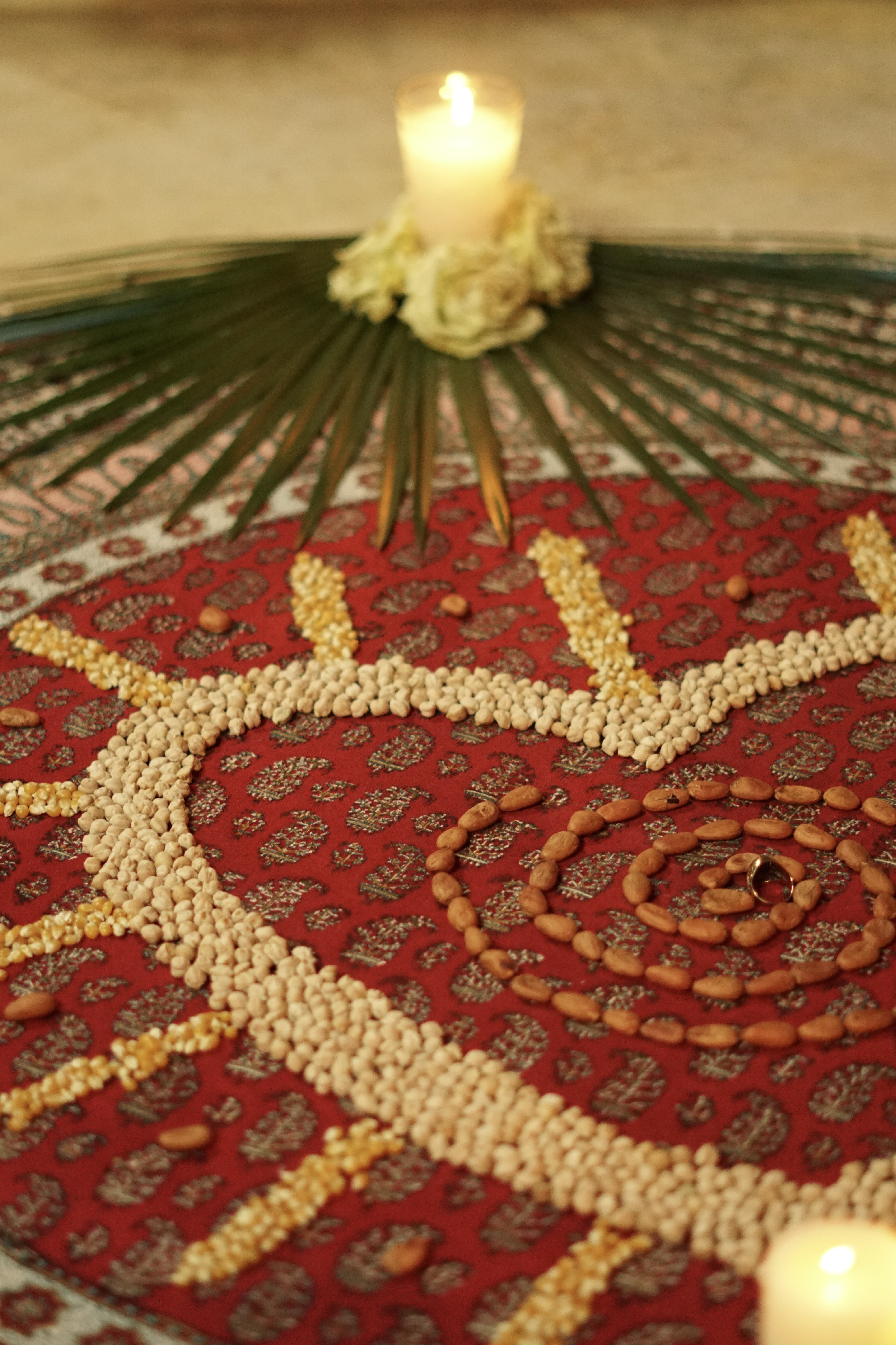 Sacred ceremony in the temple — officiant blessing the couple with copal under the palapa